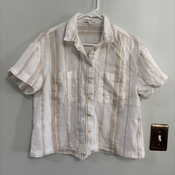 Madewell Other - Madewell linen blend cropped button down top White and Tan medium